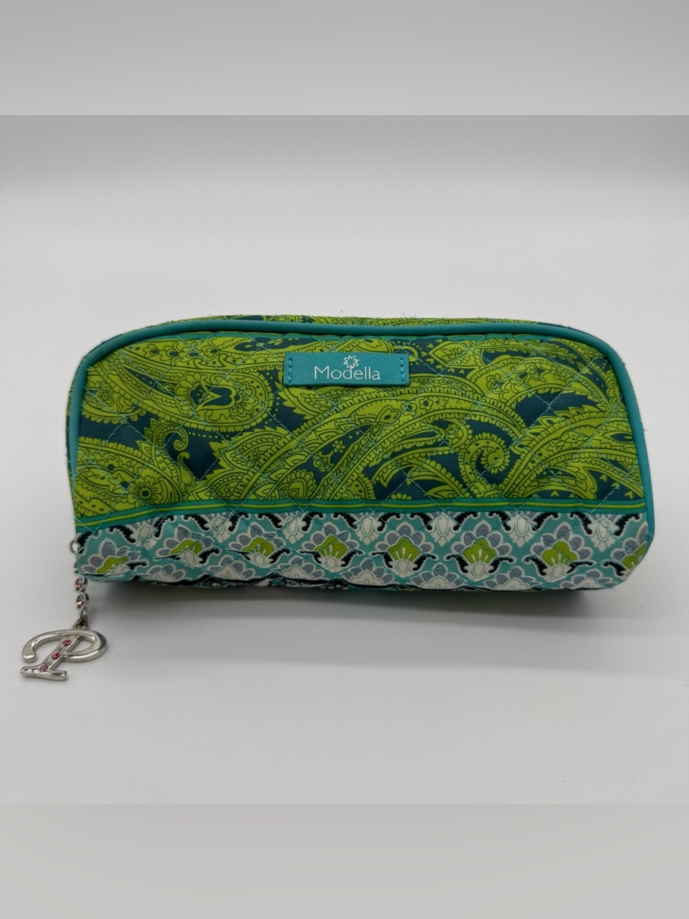 Modella Quilted Cosmetic Bag Vibrant Green and Blue Paisley W/Blingy Pull Zipper